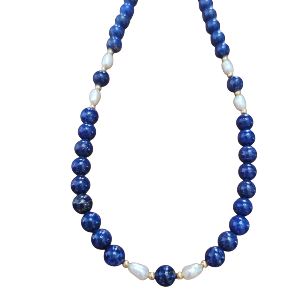 Vintage 6mm Lapis Lazuli Pearl & Gold Bead Necklace w/ 14k Gold Clasp Stunning